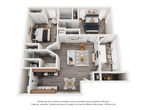 Floor plan for 2 beds, 2 baths, 1000 sqft